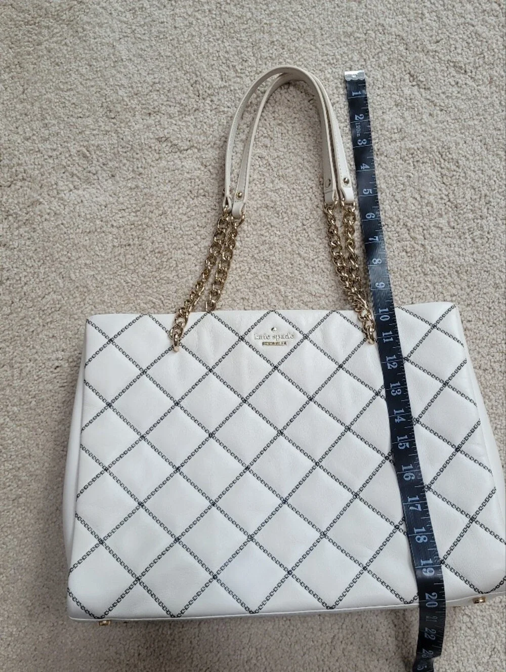 EUC kate spade White Quilted Tote with Black Stitching and Gold Chain Handles